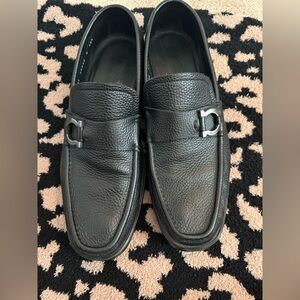 Salvatore Ferragamo Black Leather Slip-On Loafers with silver Gancini detail